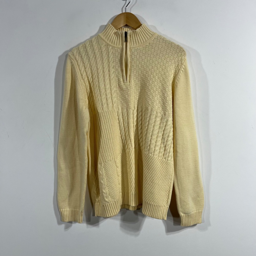 Karen Scott VTG‎ Fisherman Yellow Cable Knit 1/4 Zip Cotton Sweater Womens Large